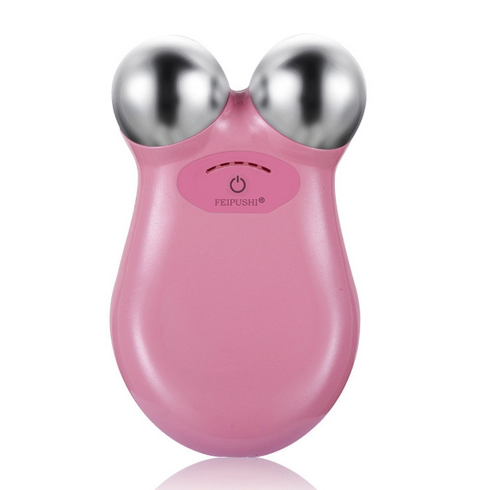 Close‑up of dual stainless steel rolling spheres on the rose pink massager