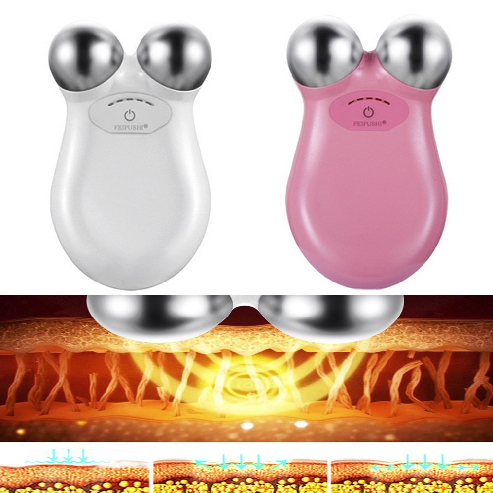 White and rose pink microcurrent massagers displayed with cross‑section thermal imagery showing deep heat penetration
