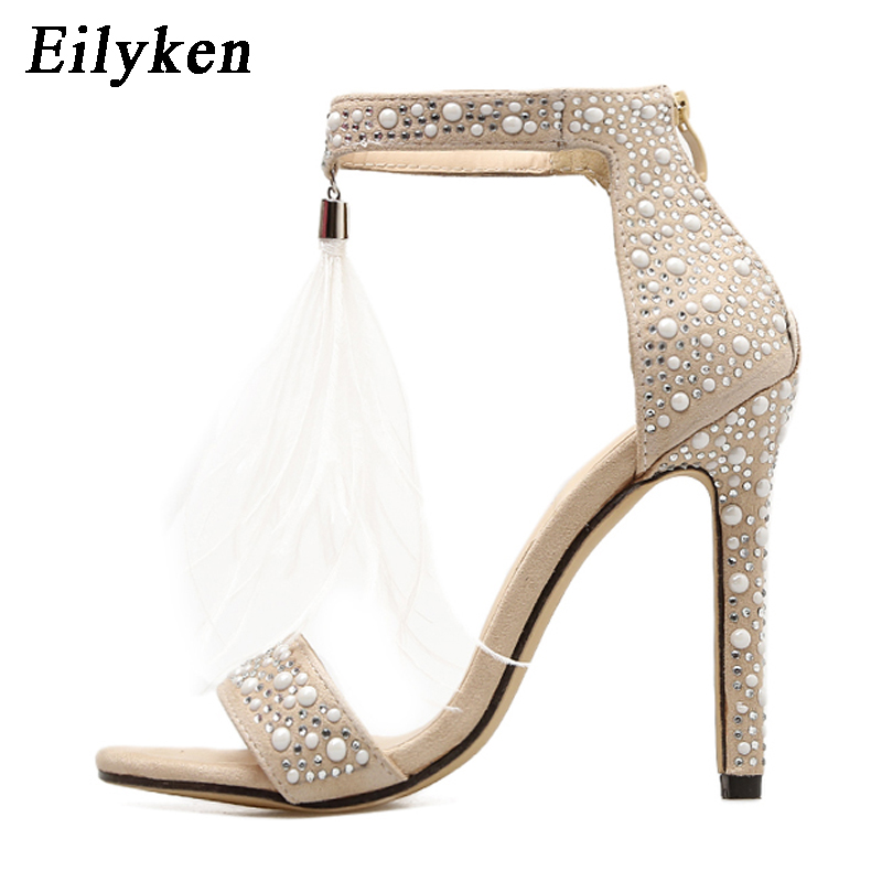 Women Sandals Pumps Summer Rhinestone Zipper Feather High Heel Apricot Women Wedding Pumps Shoes image 6