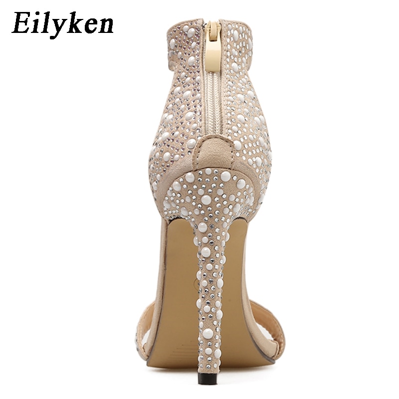 Women Sandals Pumps Summer Rhinestone Zipper Feather High Heel Apricot Women Wedding Pumps Shoes image 5