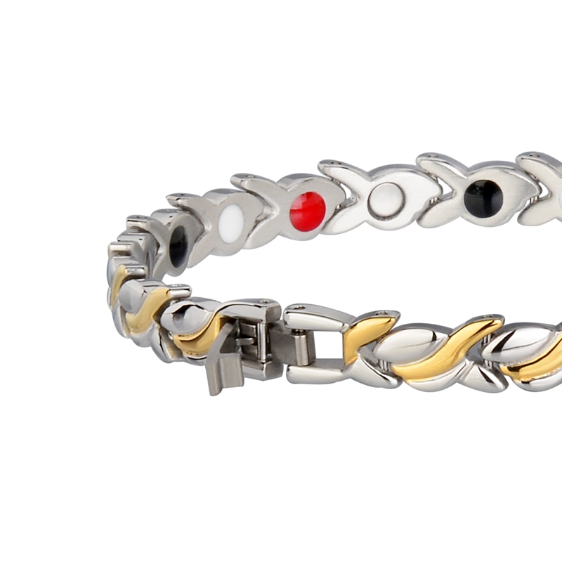 Close-up of bracelet clasp and link construction showing precision engineering