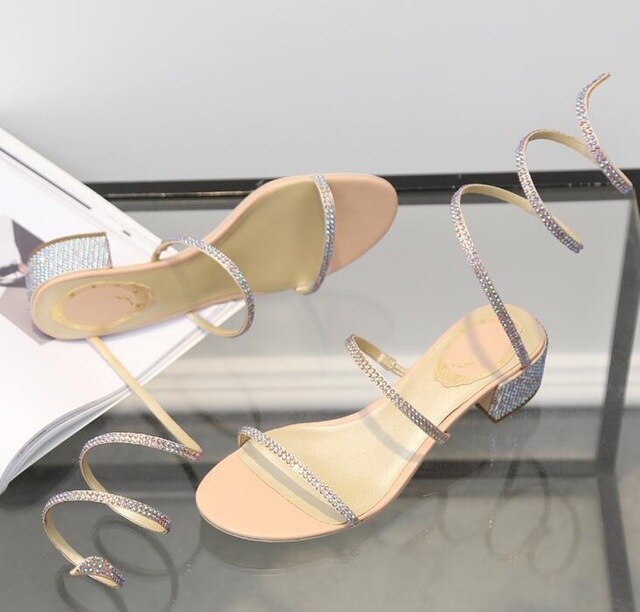 Summer Crystal Gladiator Sandals Women Open Toe Square Heels Sandals Women Party Dress Snake Strap Shoes image 3