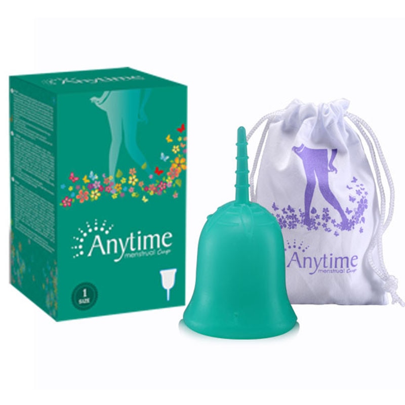Anytime menstrual cup in teal green with packaging box and purple drawstring storage pouch