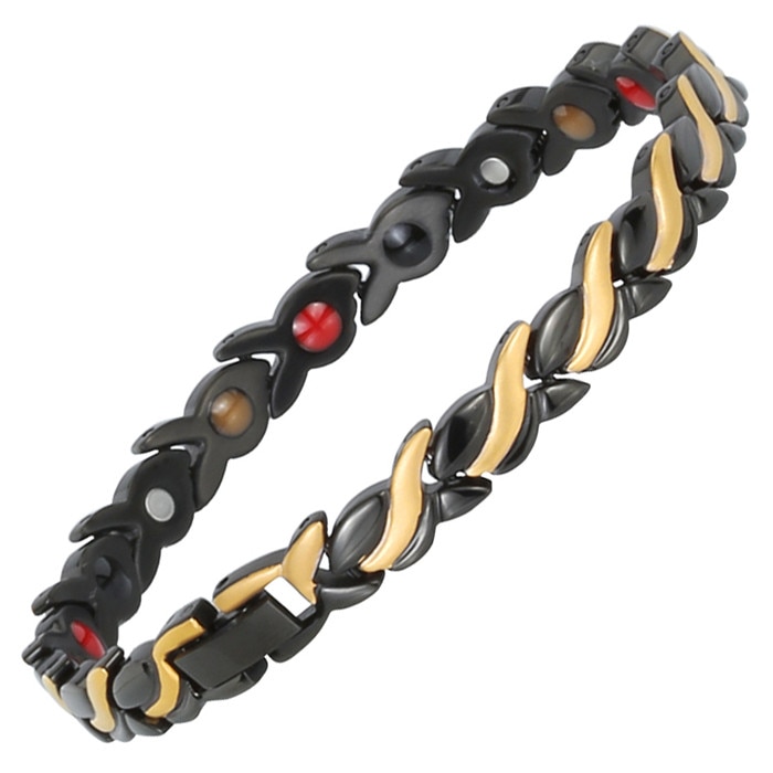 Black magnetic therapy bracelet with gold spiral accents and colored gemstone inlays displayed at angle