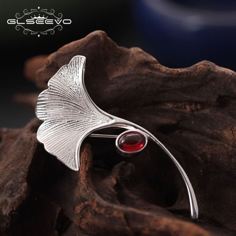 GLSEEVO Ginkgo Biloba Leaf Brooches For Women Wife 925 Sterling Silver Natural Garnet Luxury Brooch