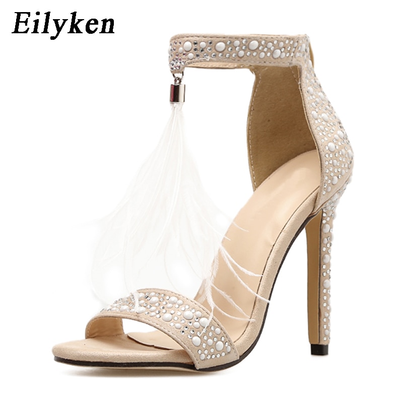 Women Sandals Pumps Summer Rhinestone Zipper Feather High Heel Apricot Women Wedding Pumps Shoes image 7