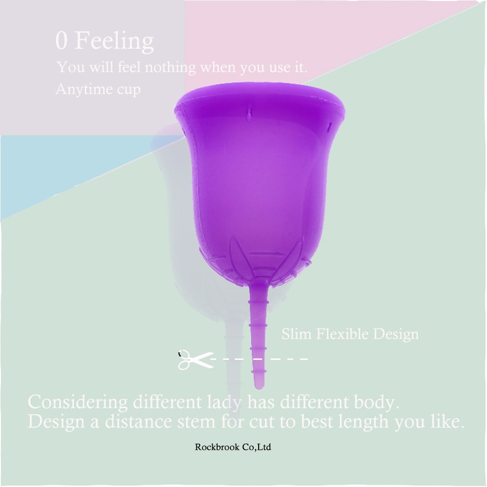 Purple menstrual cup with 'zero feeling' messaging and slim flexible stem design