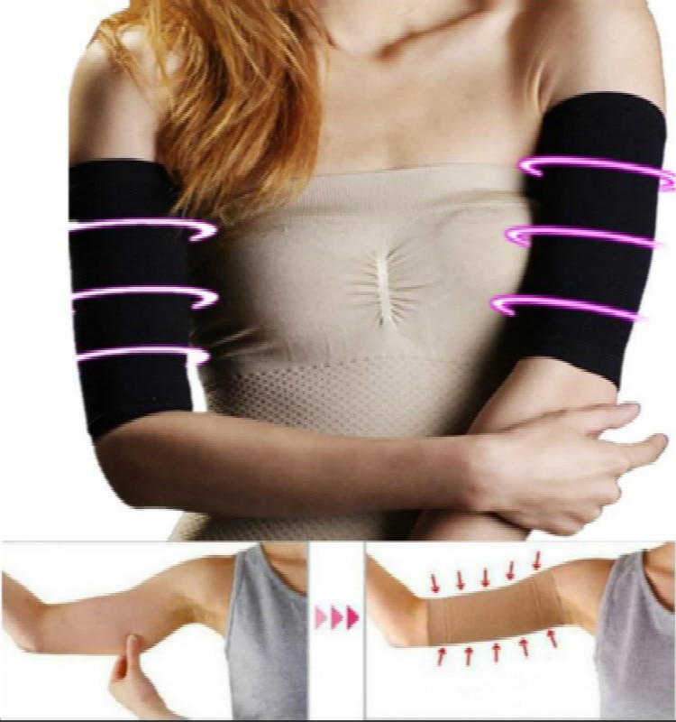 Woman wearing arm sleeves with neon pink arrows showing lifting/toning motion on arms and torso