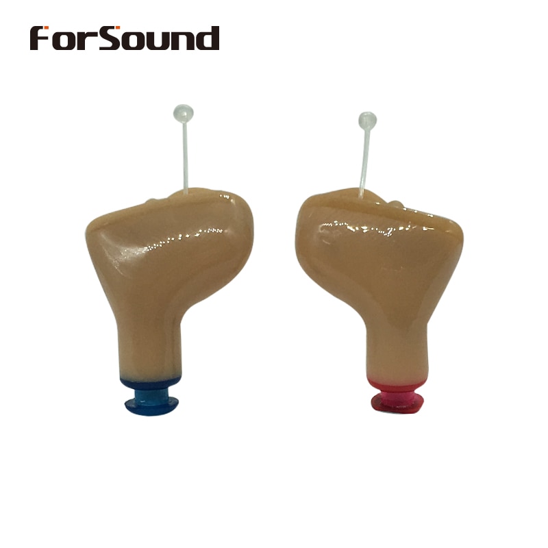Pair view of hearing aids in warm beige with navy and burgundy connectors, showing build quality