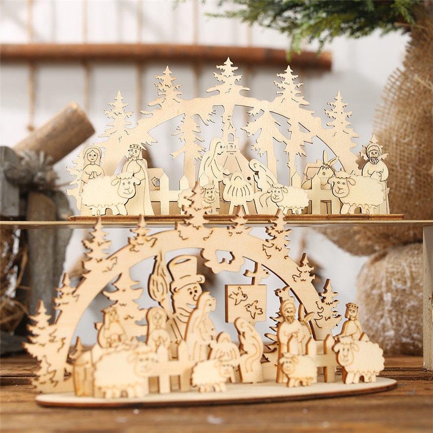 Freestanding wooden Christmas display on a tabletop