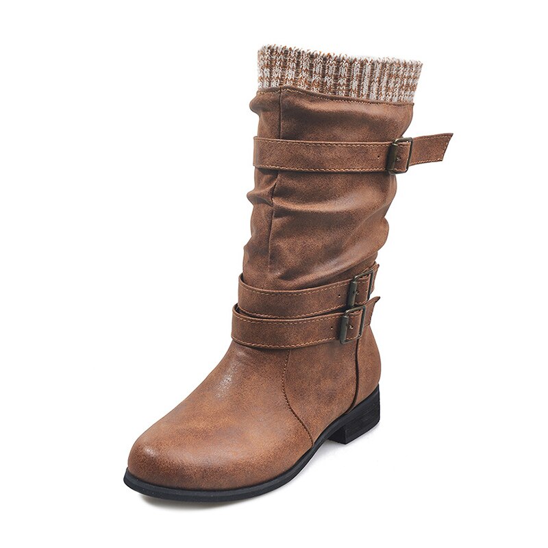 Women Winter Buckle Strap Pu Leather Chunky Heels Mid Calf Boots Woman Knitted Slip On Retro Boots Lady Casual Footwear image 6