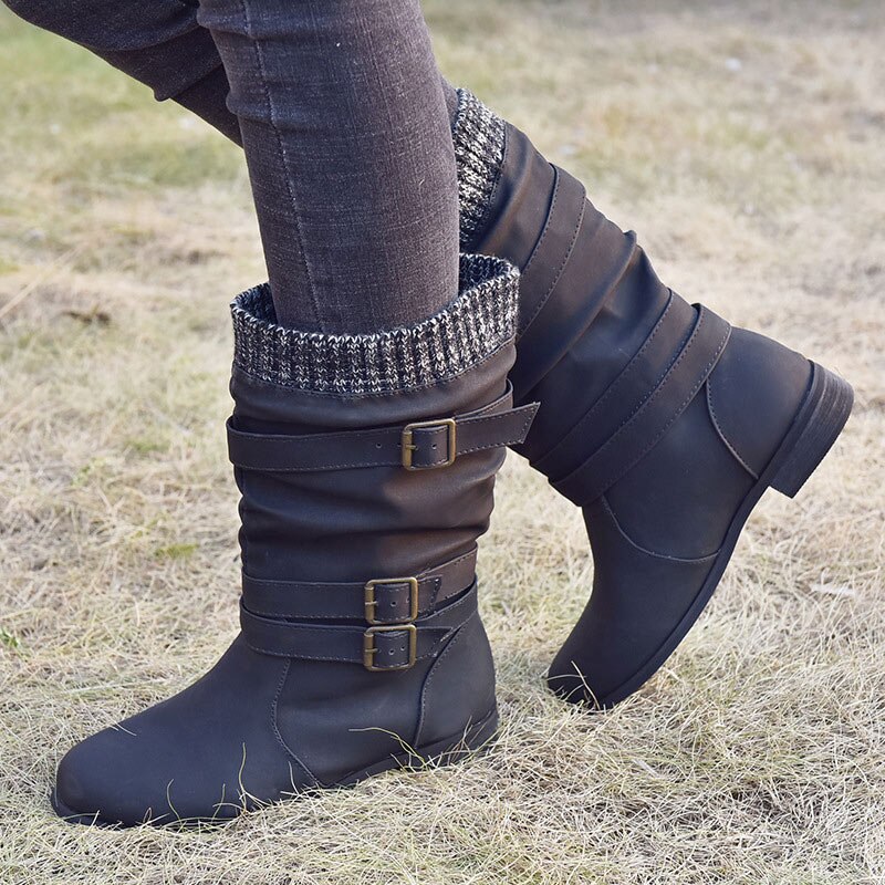 Women Winter Buckle Strap Pu Leather Chunky Heels Mid Calf Boots Woman Knitted Slip On Retro Boots Lady Casual Footwear image 9