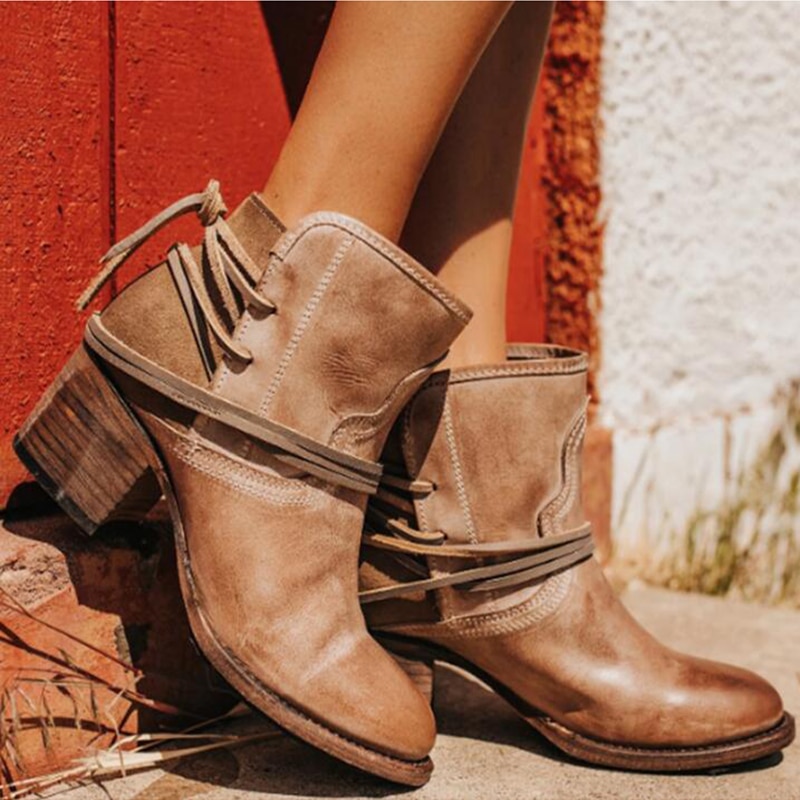 Ankle Boots Women Retro High Heels Block Heel Shoes For Female Flock Buckle Strap Short boots woman shoes