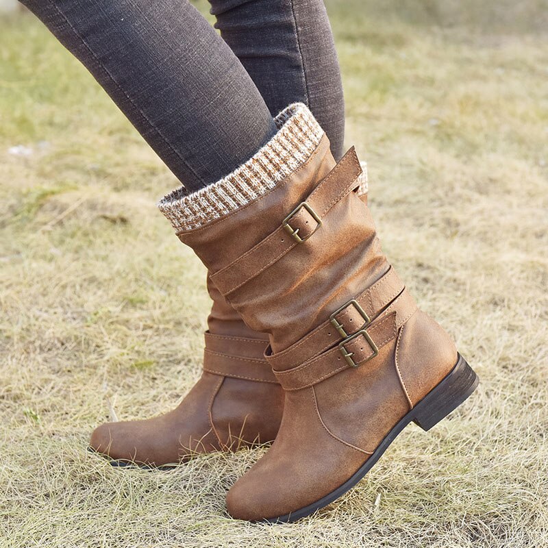 Women Winter Buckle Strap Pu Leather Chunky Heels Mid Calf Boots Woman Knitted Slip On Retro Boots Lady Casual Footwear image 8
