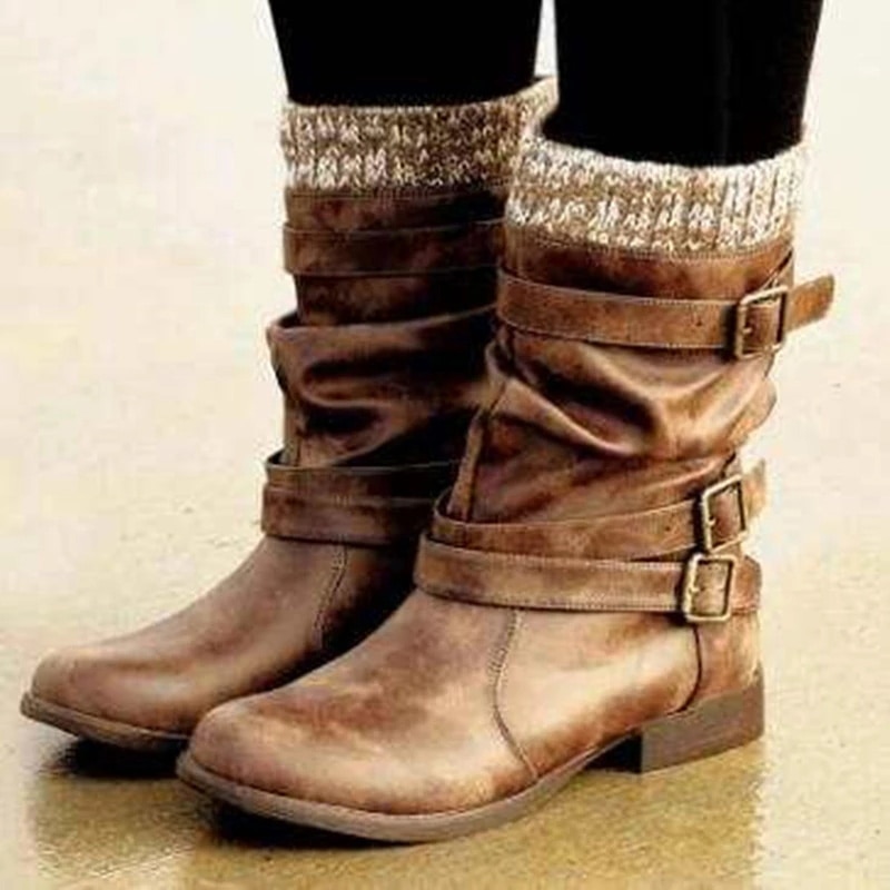 Women Winter Buckle Strap Pu Leather Chunky Heels Mid Calf Boots Woman Knitted Slip On Retro Boots Lady Casual Footwear