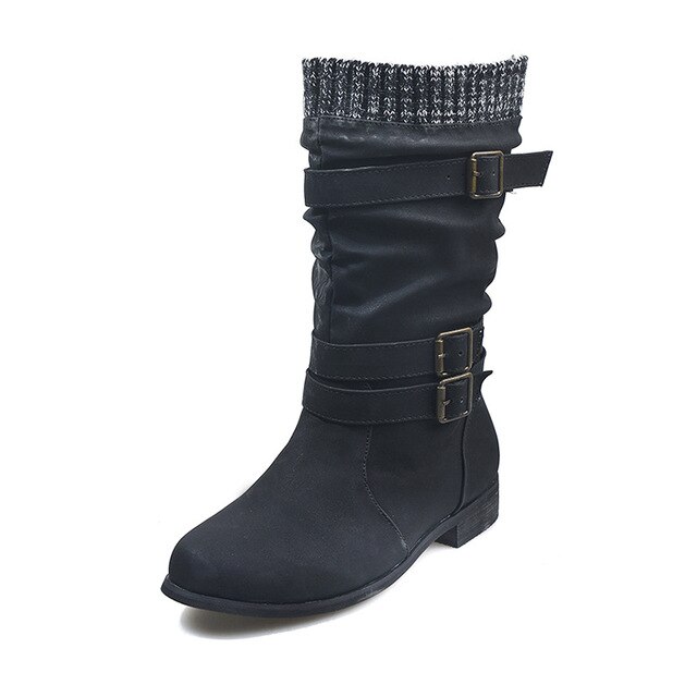 Women Winter Buckle Strap Pu Leather Chunky Heels Mid Calf Boots Woman Knitted Slip On Retro Boots Lady Casual Footwear image 4