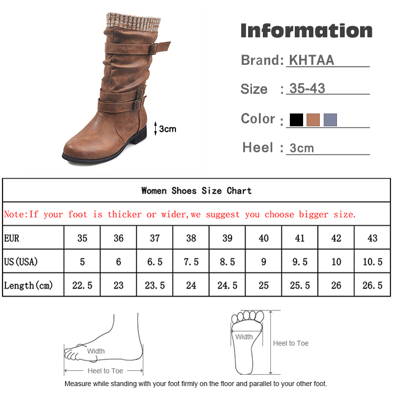 Women Winter Buckle Strap Pu Leather Chunky Heels Mid Calf Boots Woman Knitted Slip On Retro Boots Lady Casual Footwear image 5