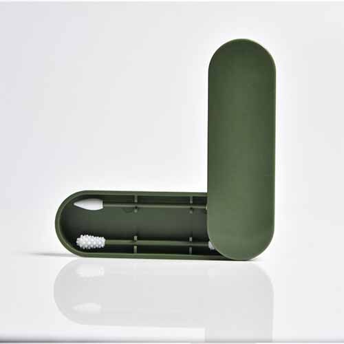 Stacked pastel silicone storage cases with individual swab holders, showcasing the compact travel-ready organization