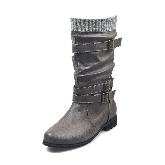 Women Winter Buckle Strap Pu Leather Chunky Heels Mid Calf Boots Woman Knitted Slip On Retro Boots Lady Casual Footwear image 3