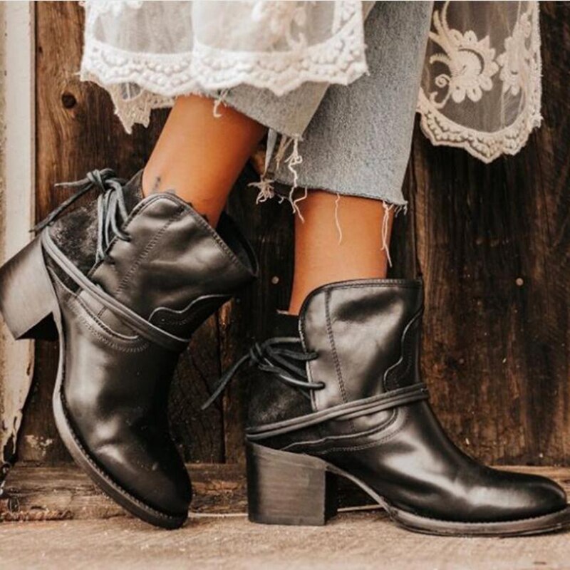 Ankle Boots Women Retro High Heels Block Heel Shoes For Female Flock Buckle Strap Short boots woman shoes image 5