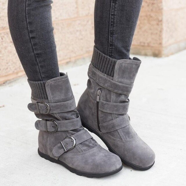 Winter buckled calf women's boots, winter women's warm zipper boots, plain flat shoes, women's casual boots image 4