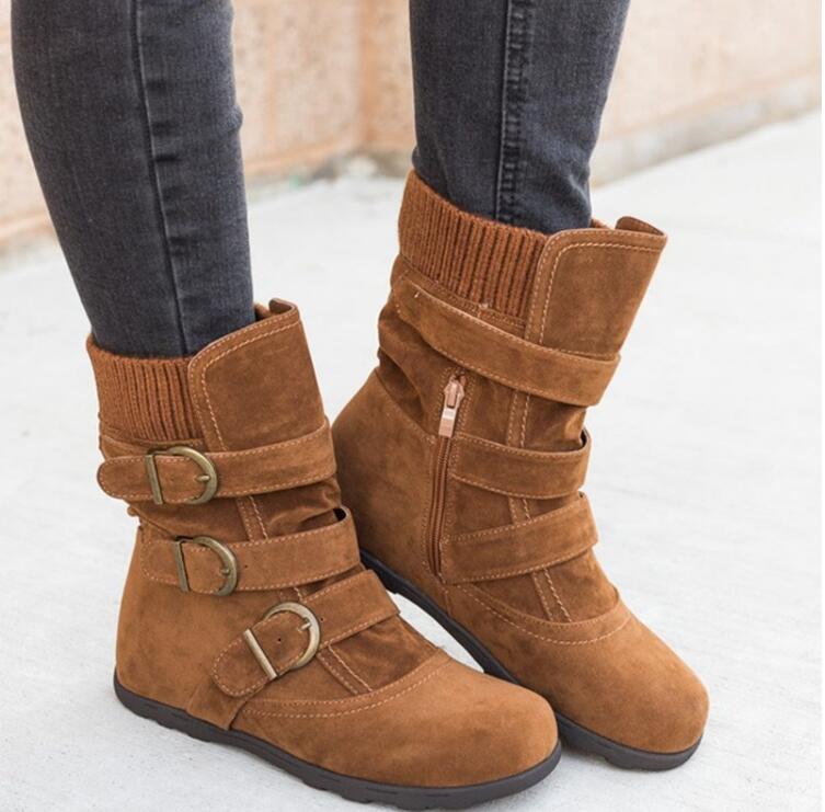 Winter buckled calf women's boots, winter women's warm zipper boots, plain flat shoes, women's casual boots