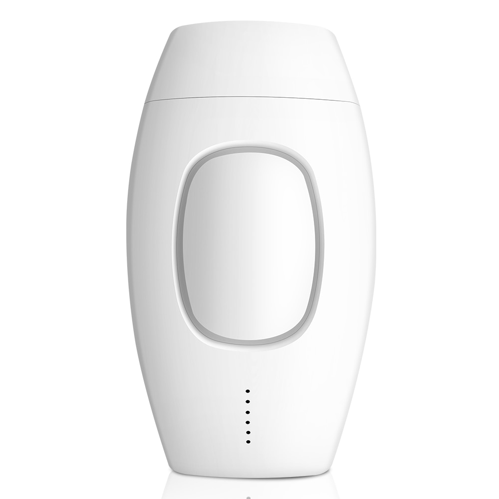 LippyTime IPL handheld device in pearl white with curved ergonomic body, illuminated oval treatment window, and LED battery indicator