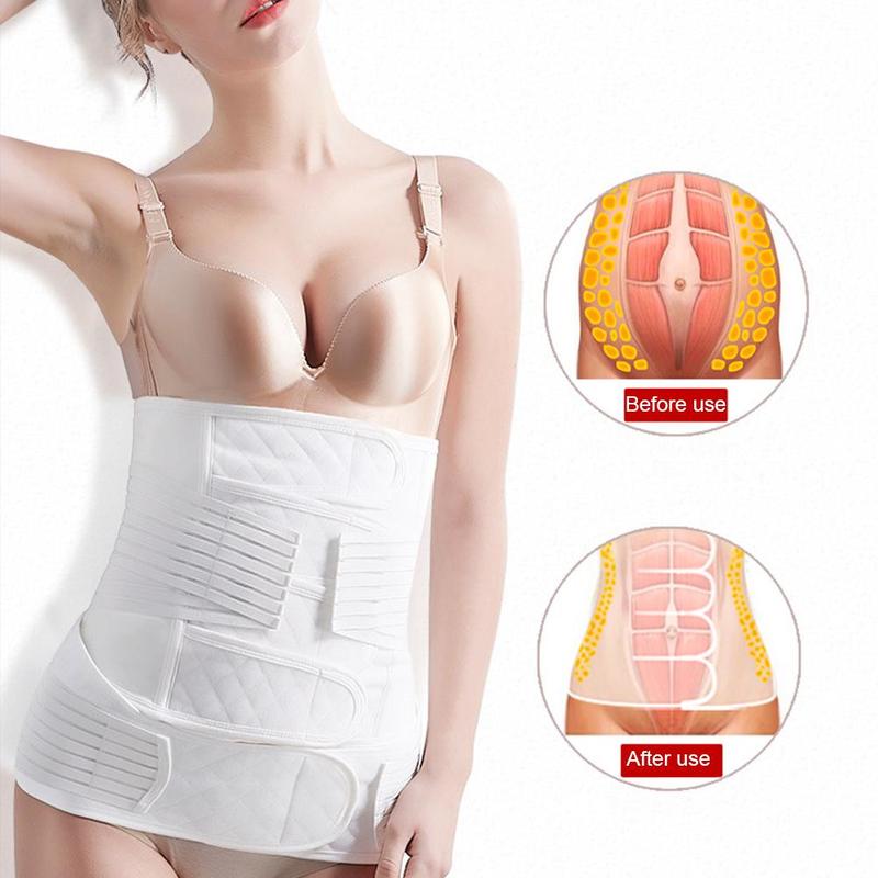White postpartum recovery corset set on light wood surface with soft leaf shadows