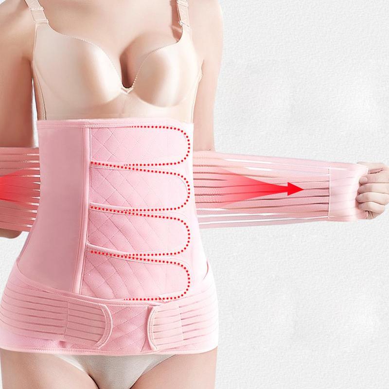 Woman adjusting pink corset showing dual‑layer compression bands with directional arrow