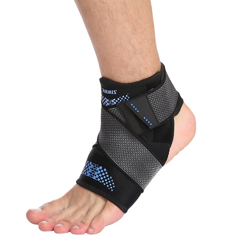 Cross-wrap compression pattern visible on the brace providing targeted ankle support