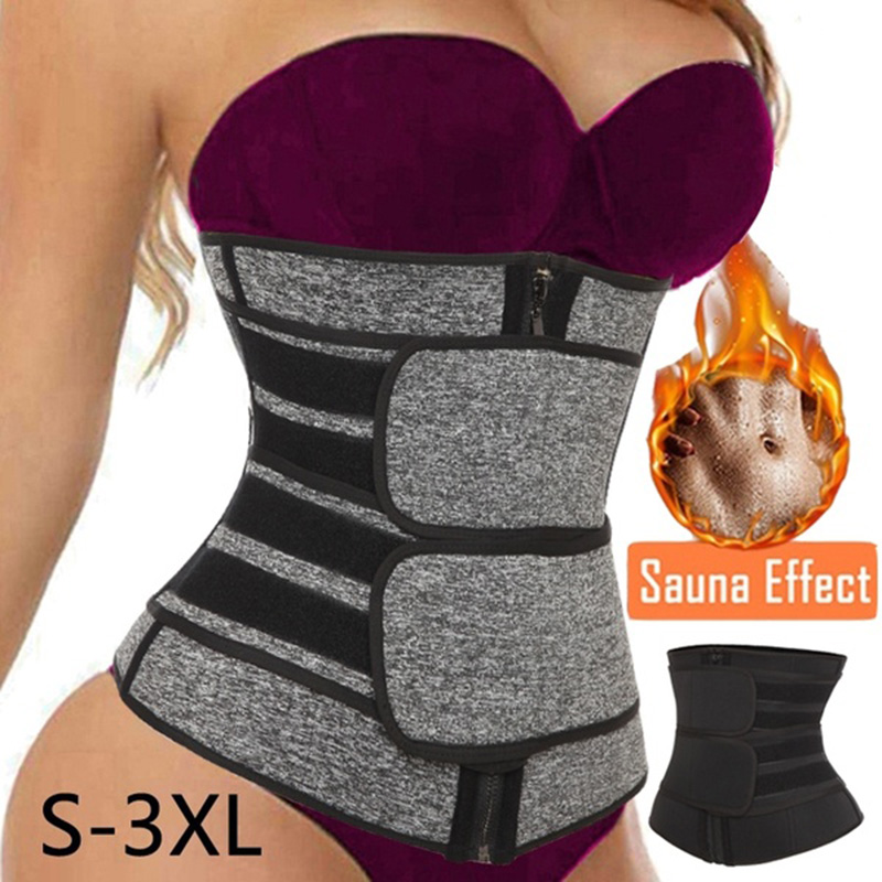 Woman wearing purple sports bra and neoprene waist trainer in gray and black striped pattern; 'Sauna Effect' flame badge and size range S-3XL displayed