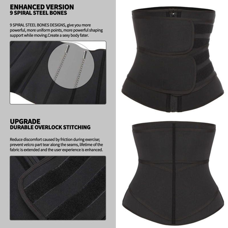 Enhanced version comparison highlighting the 9 spiral steel bones structure and durable overlock stitching across the waist trainer