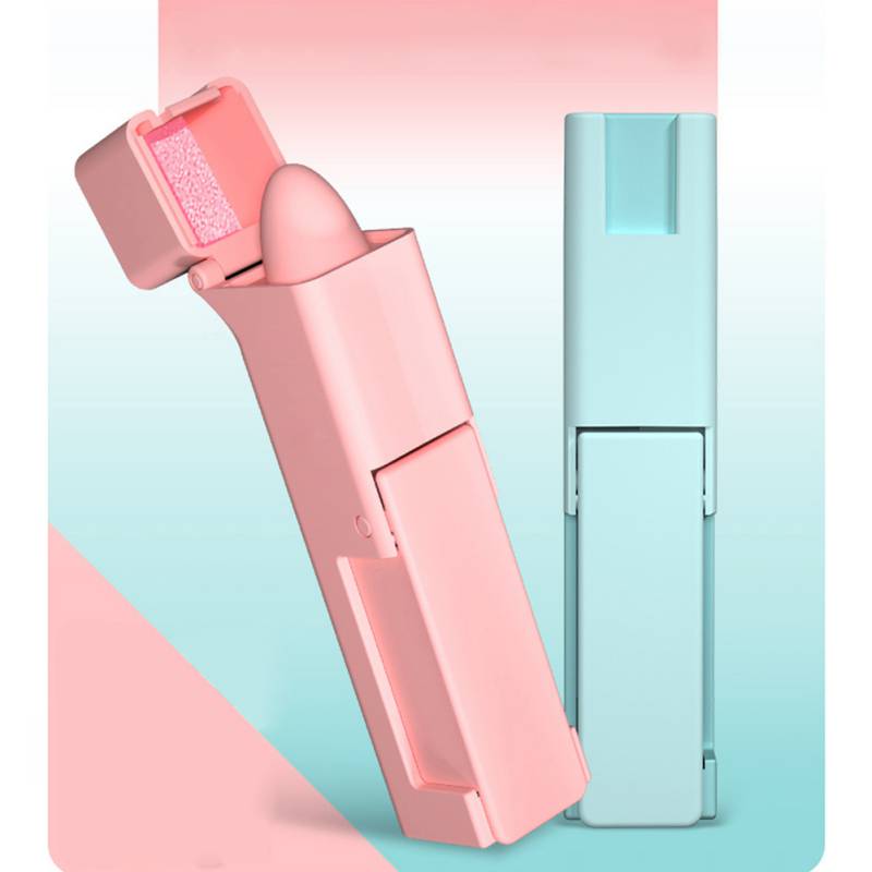 Pastel pink door opener extended next to mint variant closed, showing compact scale and cheerful colors on a soft gradient