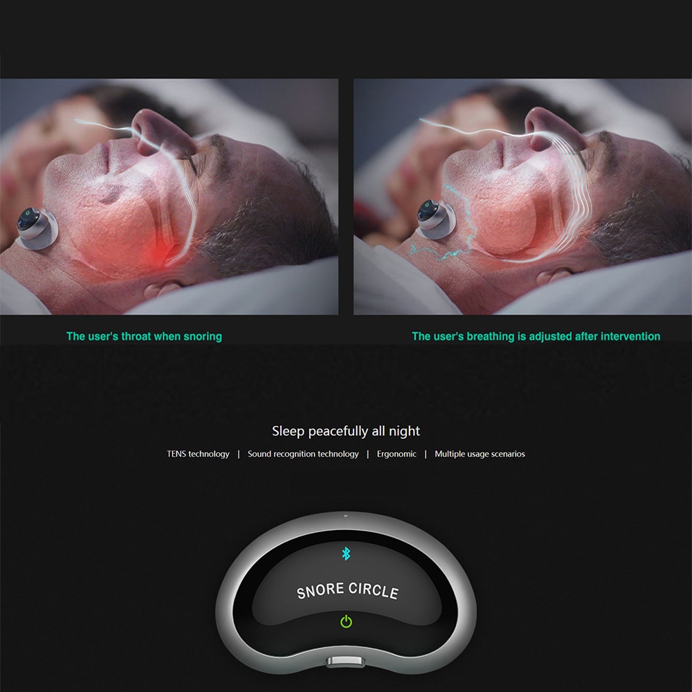 Split-screen clinical graphic comparing throat airway before and after TENS stimulation, showing visible improvement