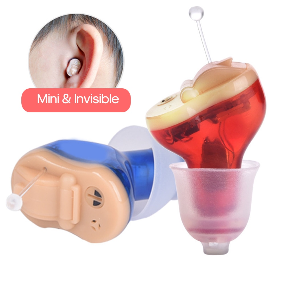Discreet in-ear hearing device showing skin-tone match and invisible fit next to storage case