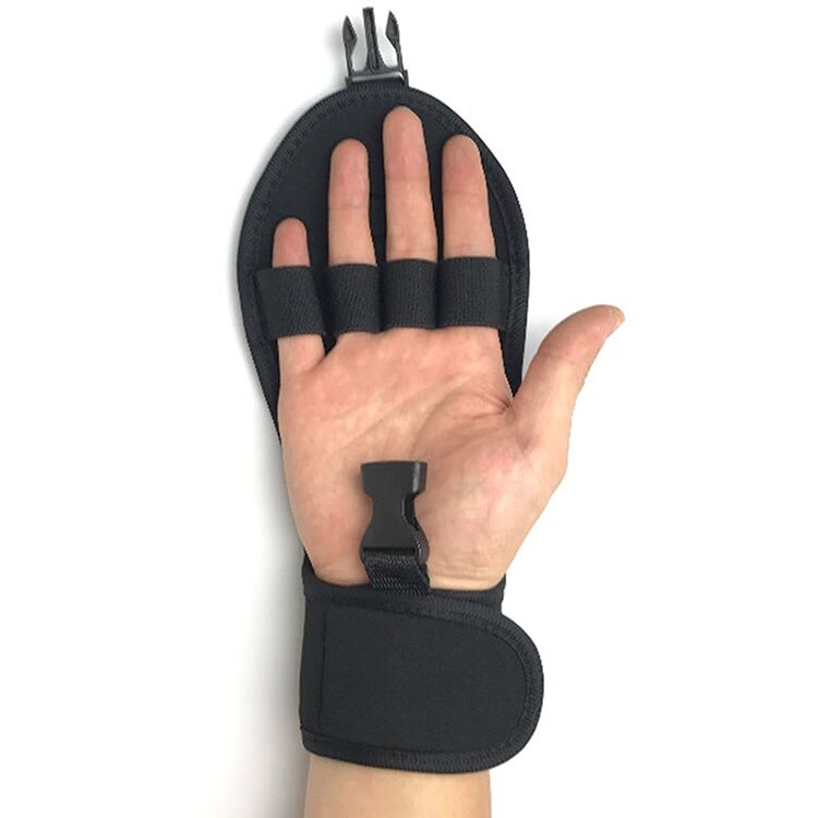Hand brace glove laid flat showing finger splint cups and wrist support band