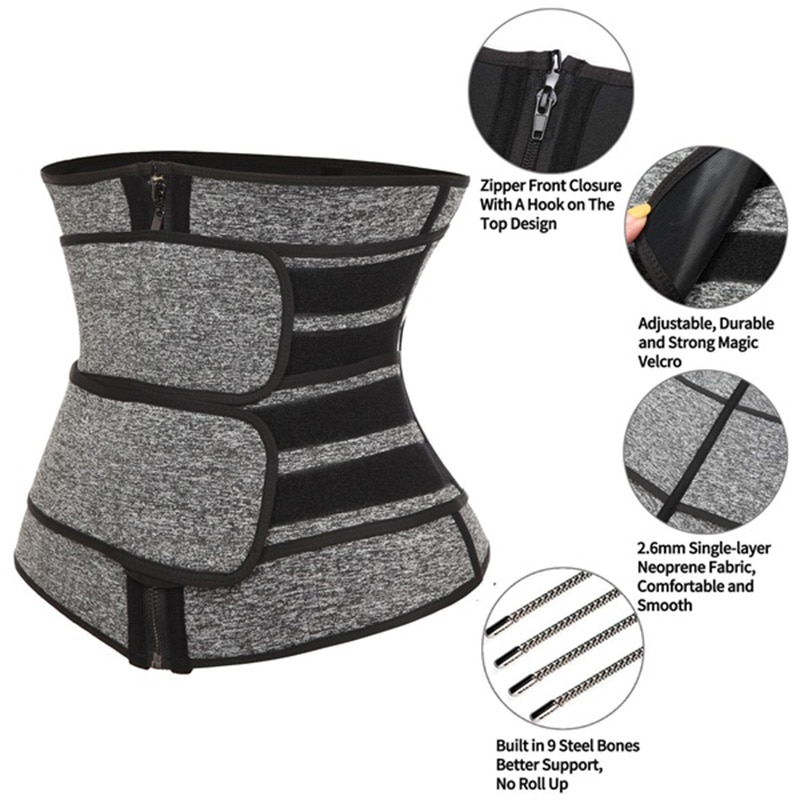 Close-up of the waist trainer's dual closure system and 9 spiral steel bones reinforcing the neoprene fabric