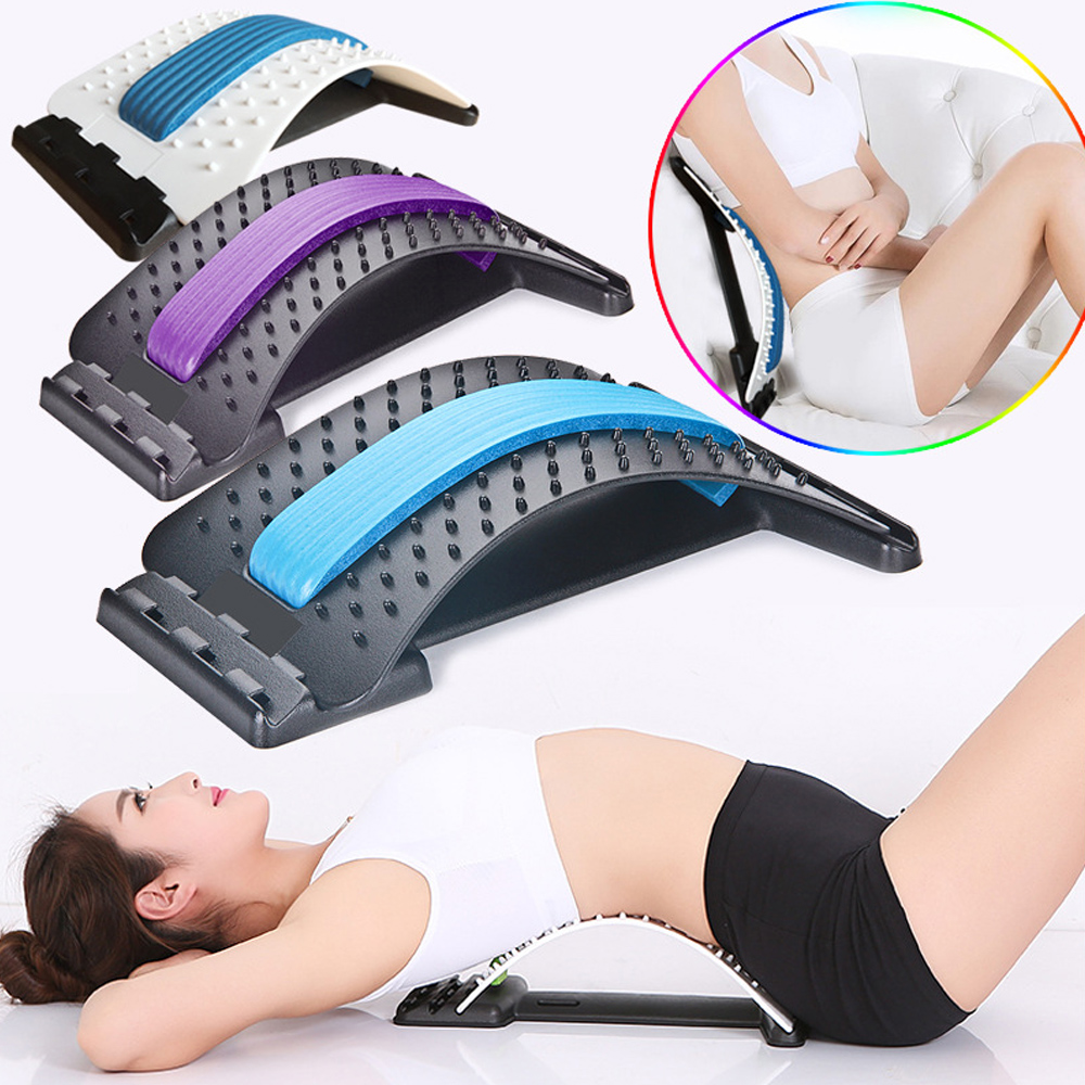 Three interchangeable gel arch supports in blue, purple, and cyan alongside a woman using the stretcher on her lower back while seated, showing the full product range and ease of use.