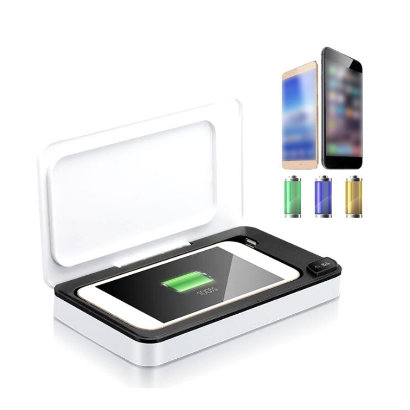 Phone charging indicator glowing green while the box is closed, proving simultaneous charging during sterilization