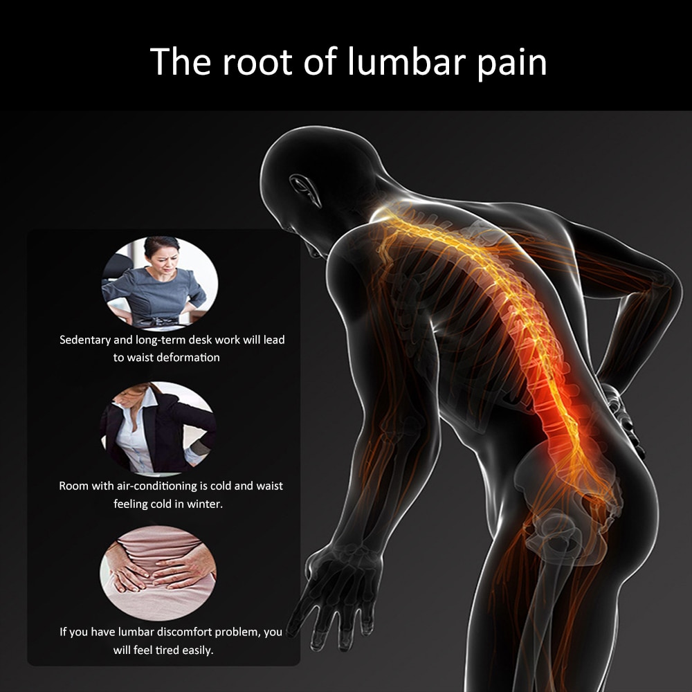 Dark silhouette of a person bent in discomfort with an illuminated spine showing inflammation hot zones, surrounded by triggers like desk work, cold, and fatigue.