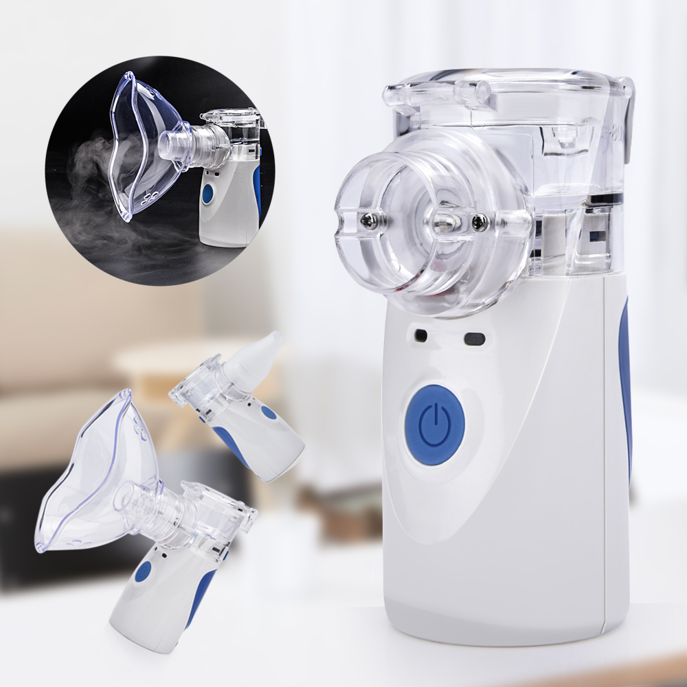 Portable mesh nebulizer in white and blue with visible mist spray output, showing circular close-up of active nebulization and two handheld units with interchangeable masks