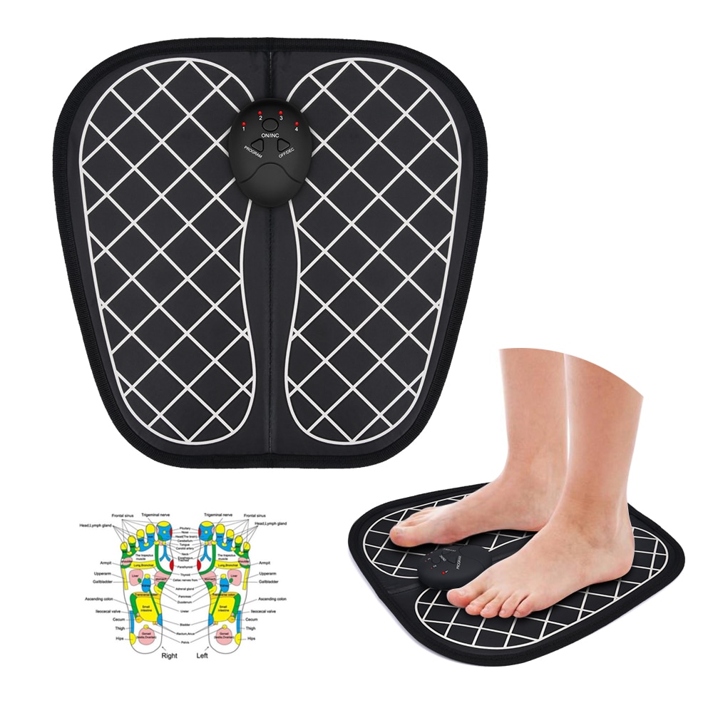 Top-down view of the EMS mat with dual-foot acupressure grid and control panel, showing targeted therapy zones