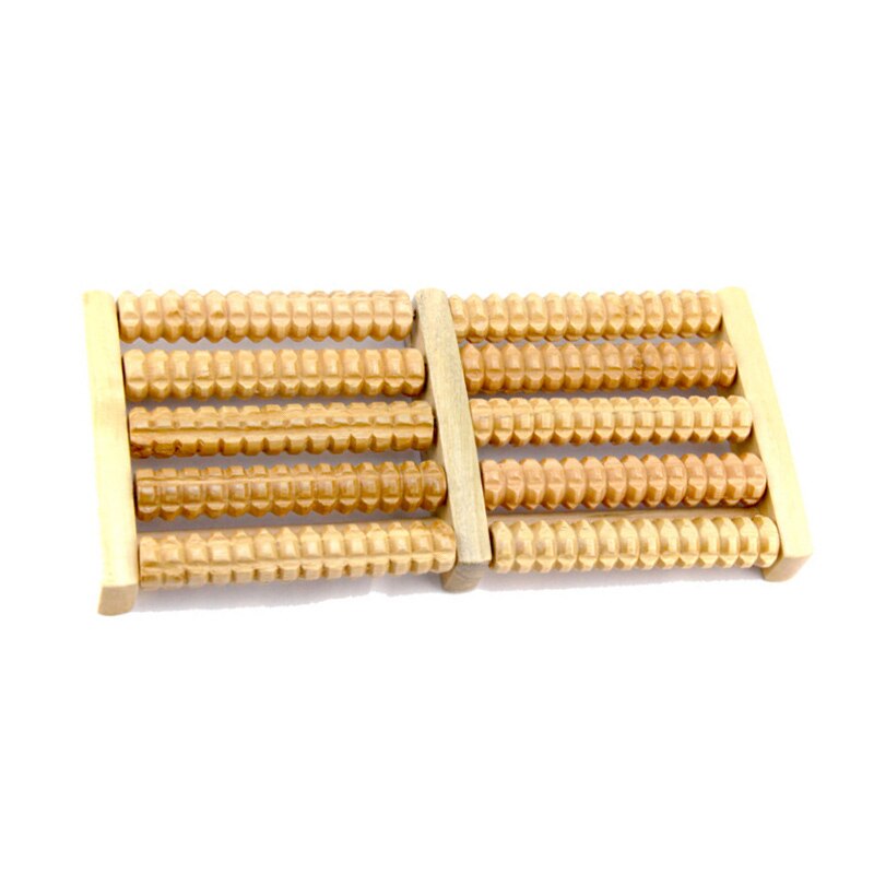 Overhead view of five-row wooden foot massager, demonstrating the bead density that delivers comprehensive acupressure coverage