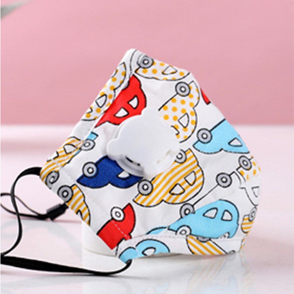 White mask with colorful car and sun prints, elastic ear loops visible