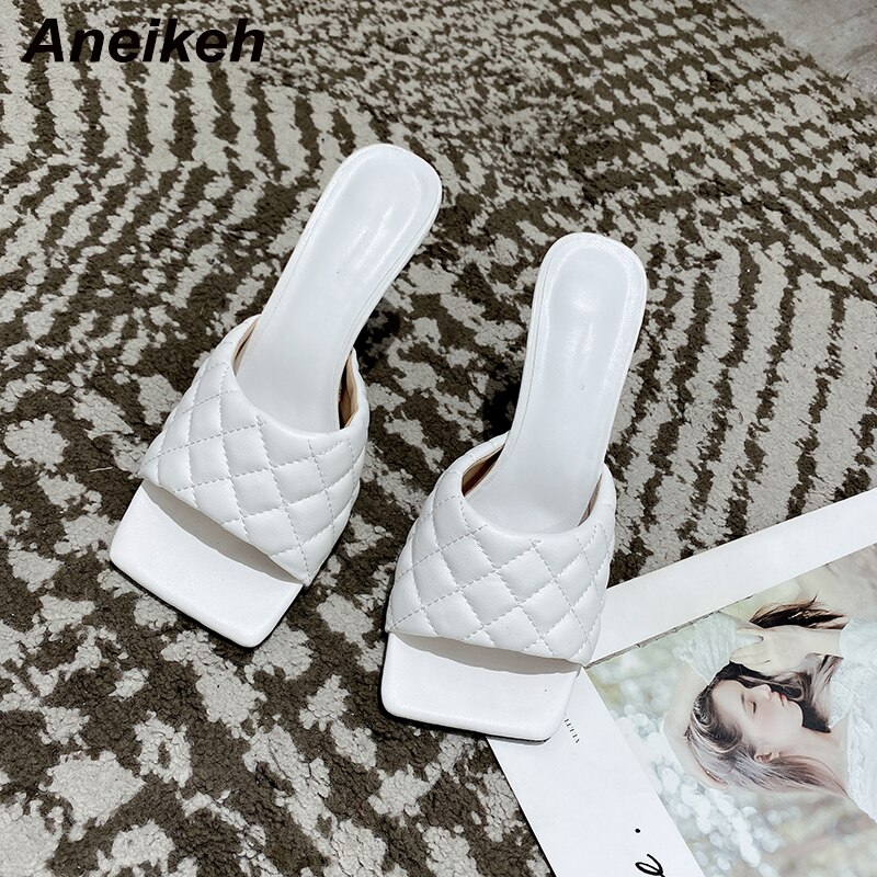 Aneikeh Sexy PU Diamond Square Head Peep Toe Thin High Heels Slippers Summer Slip On Slides Women Mules Party Shoes image 3