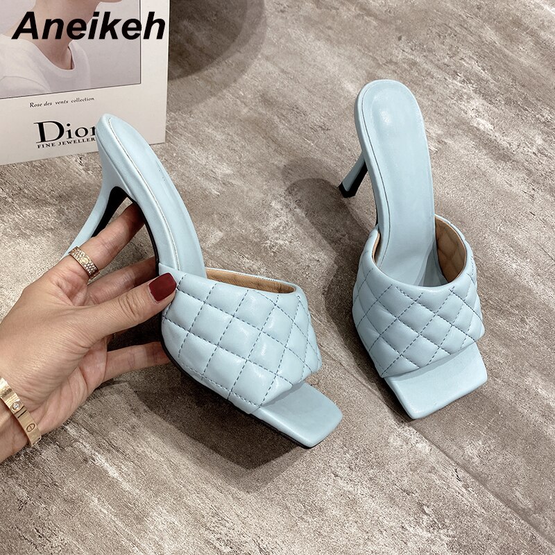 Aneikeh Sexy PU Diamond Square Head Peep Toe Thin High Heels Slippers Summer Slip On Slides Women Mules Party Shoes image 8