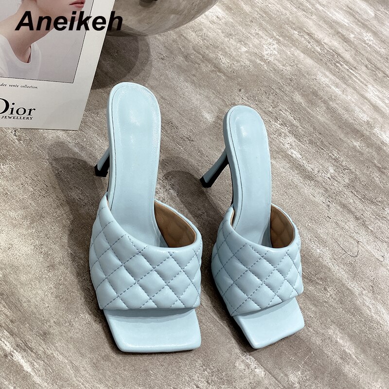 Aneikeh Sexy PU Diamond Square Head Peep Toe Thin High Heels Slippers Summer Slip On Slides Women Mules Party Shoes image 9