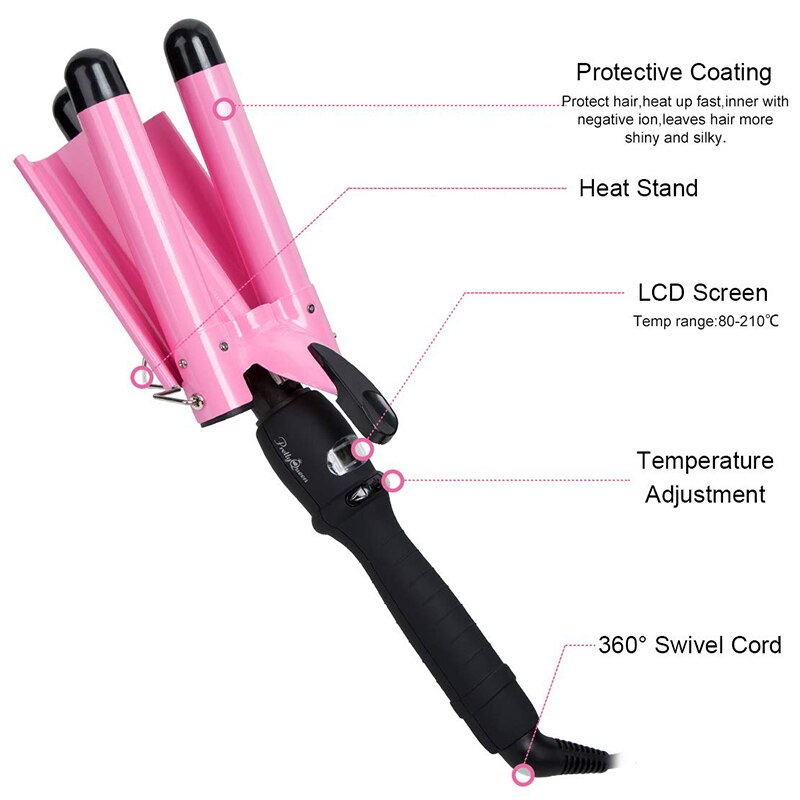 Triple barrel hair waver with LCD and heat controls
