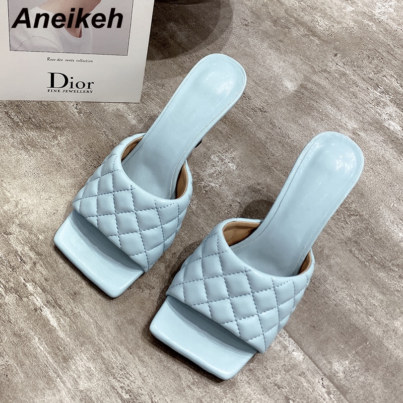 Aneikeh Sexy PU Diamond Square Head Peep Toe Thin High Heels Slippers Summer Slip On Slides Women Mules Party Shoes