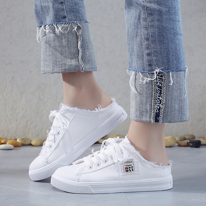 Spring Summer Women Canvas Shoes flat sneakers women casual shoes low upper lace up white shoes image 5